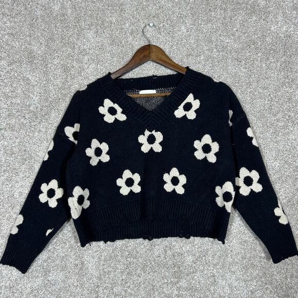 Altar'd State Cropped V-Neck Distressed Sweater Black Floral Size S - Picture 1 of 5